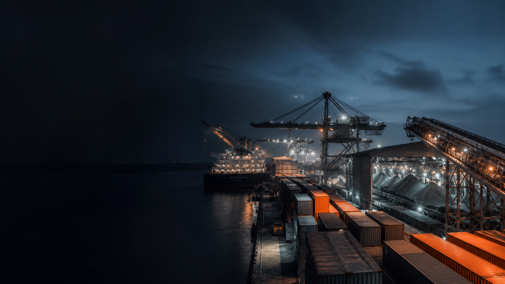 Bulk cargo export terminal with ship, containers, and loading equipment