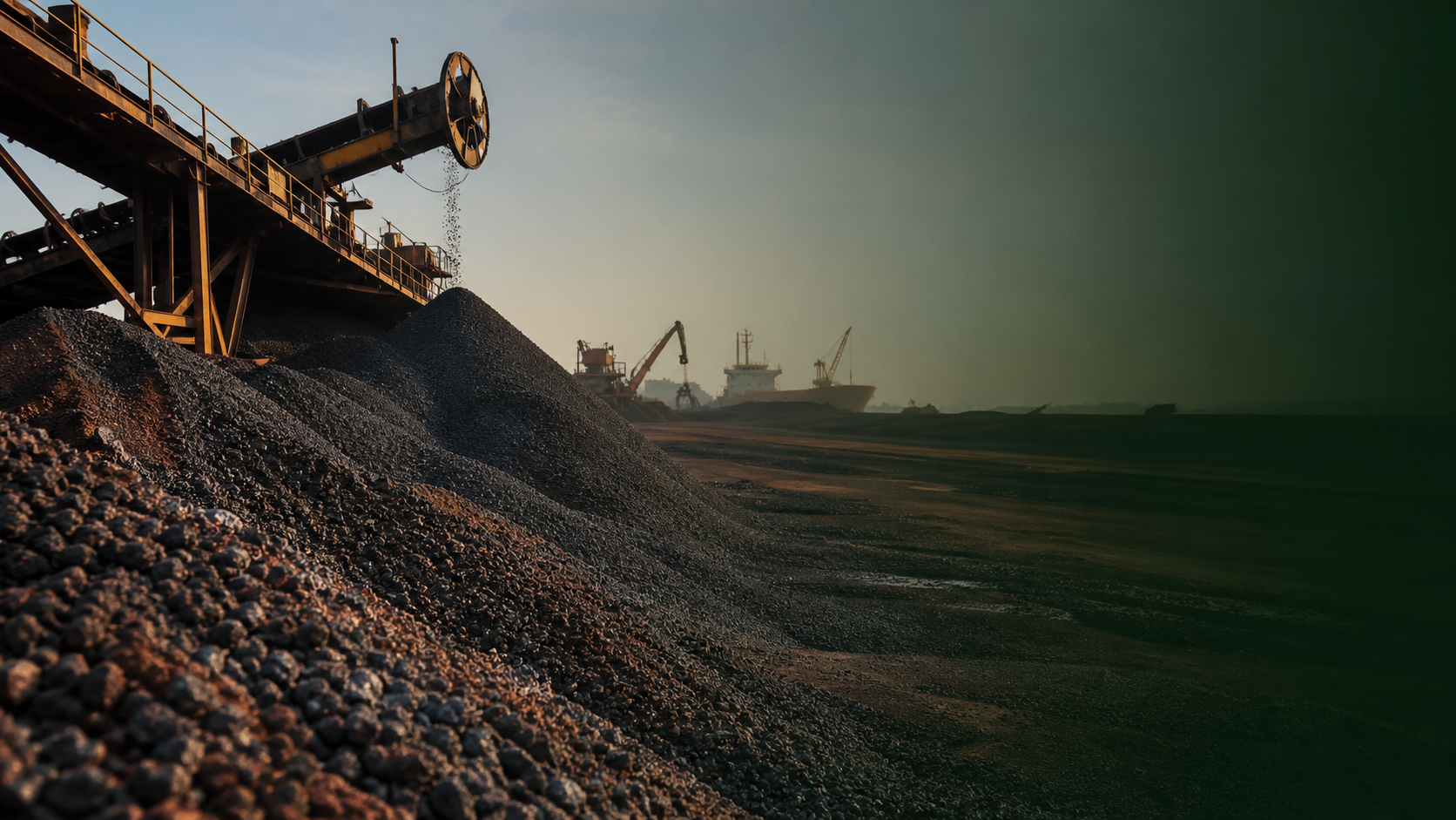 Iron ore material stockyard with port loading equipment